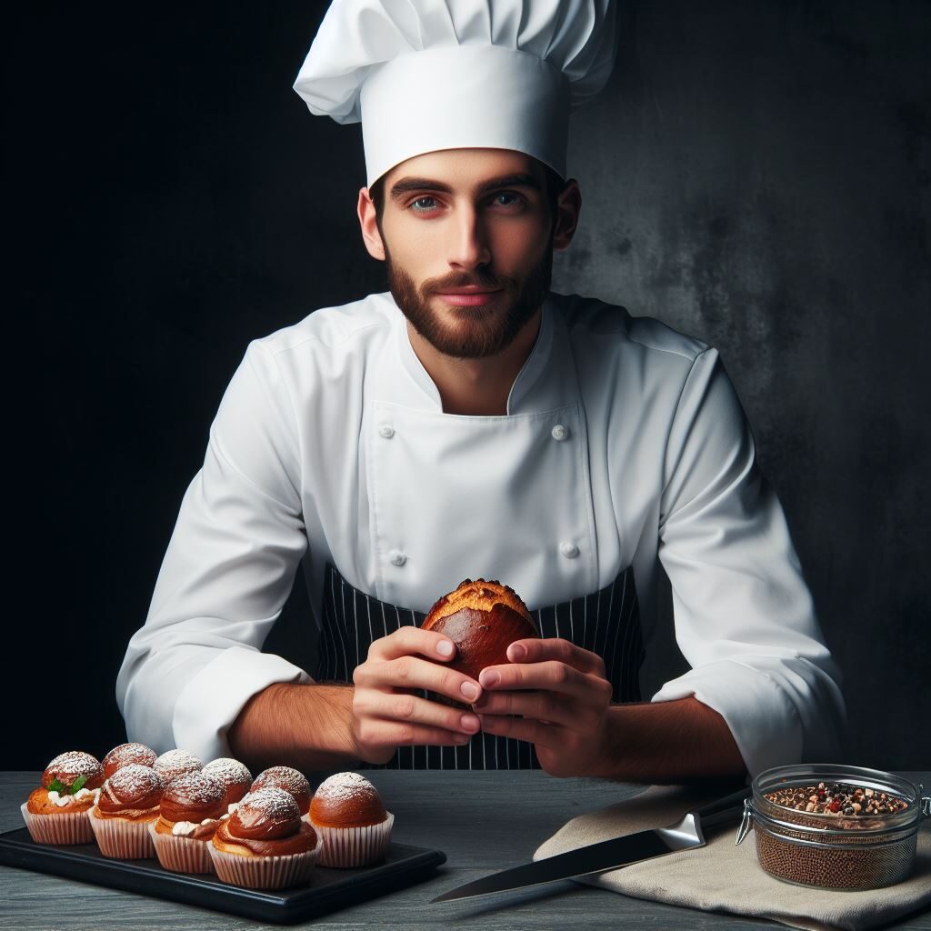 A portrait of a patisserie chef cooking with a dark background