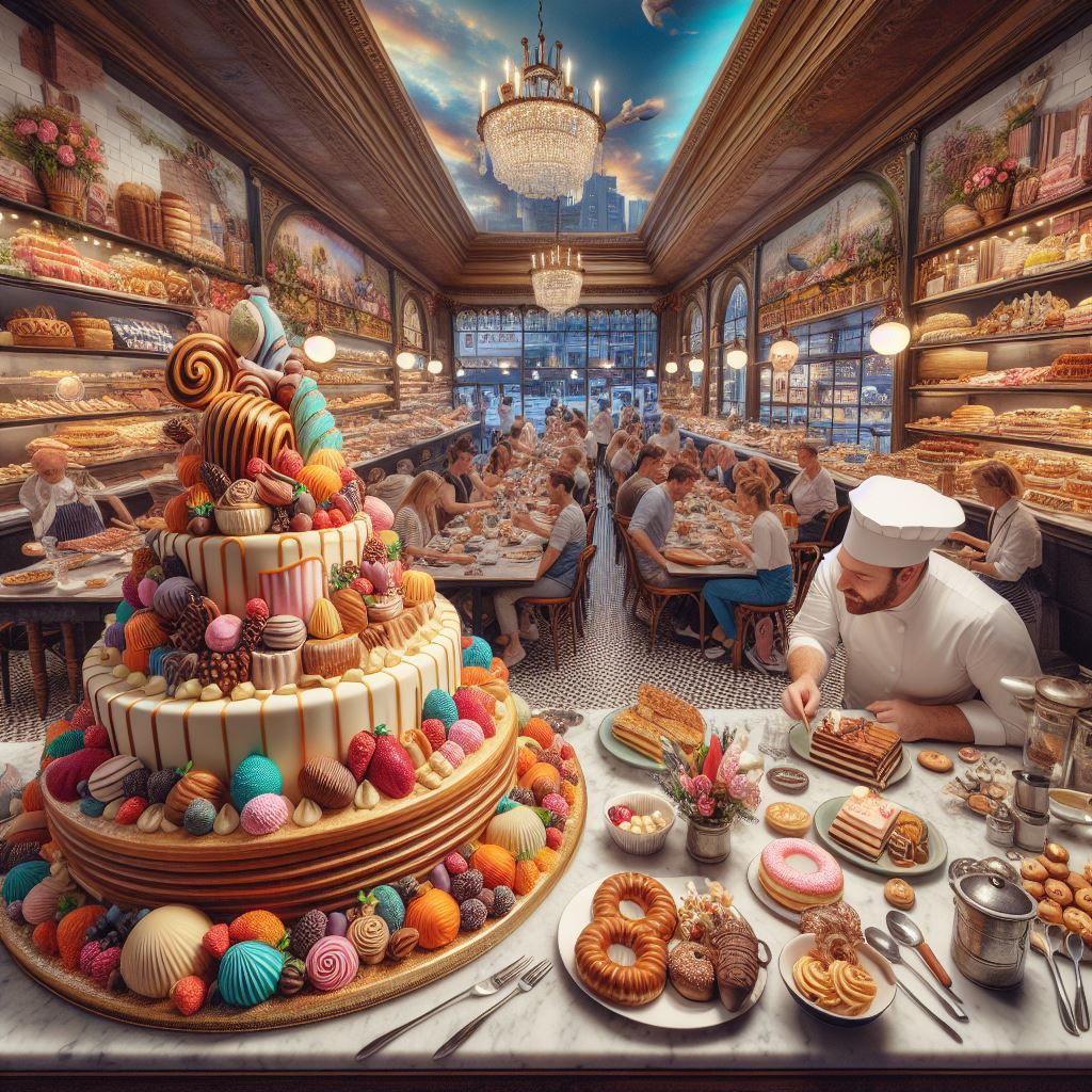 A panoramic view of a bustling Australian patisserie filled with colorful pastries, happy customers, and a pastry chef adding the finishing touches to a stunning cake. ultra realist